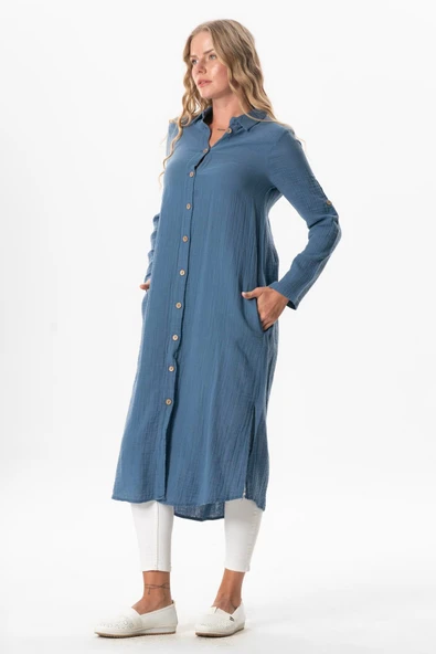 Uzun Kol Gömlek Yaka Hafsa Müslin Yazlık Tunik İndigo indg 2XL-3XL İndigo - Resim 4