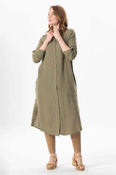 Uzun Kol Gömlek Yaka Hafsa Müslin Yazlık Tunik Haki Hk 4XL/5XL Haki - Resim 5
