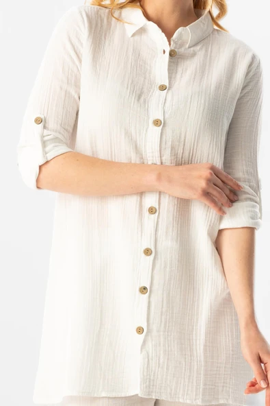 Uzun Katlanabilir Kol Sedanur Gömlek Yaka Yazlık Müslin Tunik Beyaz Byz M Beyaz - Resim 3