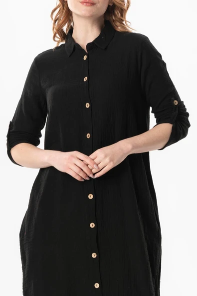 Uzun Kol Gömlek Yaka Hafsa Müslin Yazlık Tunik Siyah Syh 2XL-3XL Siyah - 3