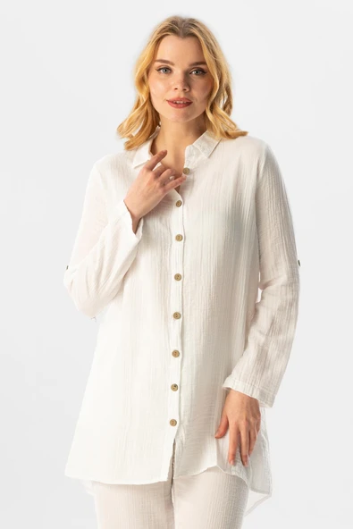 Uzun Katlanabilir Kol Sedanur Gömlek Yaka Yazlık Müslin Tunik Beyaz Byz XL Beyaz - Resim 5