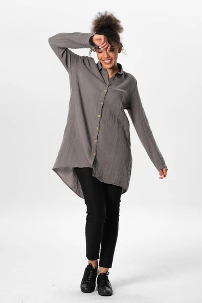 Uzun Katlanabilir Kol Sedanur Gömlek Yaka Yazlık Müslin Tunik Gri Gri S Gri - Resim 4