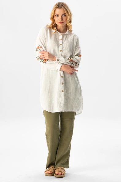 Uzun Kol Deste Gömlek Yaka Yazlık Müslin Tunik Beyaz Byz L Beyaz - 6