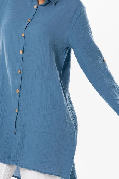 Uzun Katlanabilir Kol Sedanur Gömlek Yaka Yazlık Müslin Tunik İndigo indg S İndigo - Resim 3