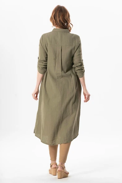 Uzun Kol Gömlek Yaka Hafsa Müslin Yazlık Tunik Haki Hk 4XL/5XL Haki - Resim 2
