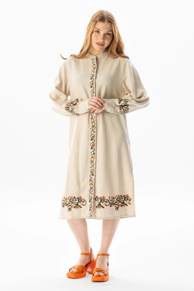 Uzun Kol Belma Keten Nakışlı Düğmeli Yazlık Otantik Tunik Krem Krm S Krem - Resim 5