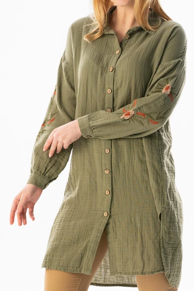 Uzun Kol Deste Gömlek Yaka Yazlık Müslin Tunik Haki Hk M Haki - 3