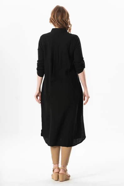 Uzun Kol Gömlek Yaka Hafsa Müslin Yazlık Tunik Siyah Syh 2XL-3XL Siyah - 2