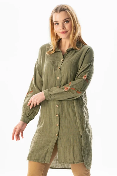 Uzun Kol Deste Gömlek Yaka Yazlık Müslin Tunik Haki Hk 2XL Haki - 5