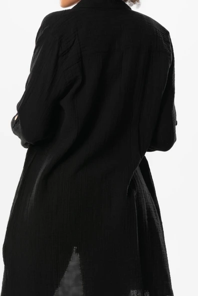 Uzun Katlanabilir Kol Sedanur Gömlek Yaka Yazlık Müslin Tunik Siyah Syh 3XL Siyah - Resim 4