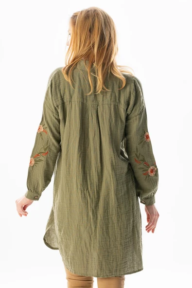 Uzun Kol Deste Gömlek Yaka Yazlık Müslin Tunik Haki Hk L Haki - 2