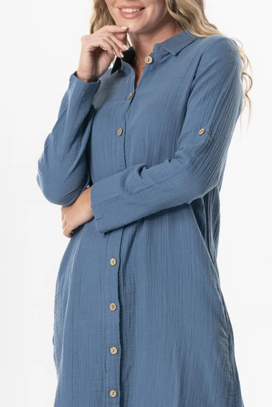 Uzun Kol Gömlek Yaka Hafsa Müslin Yazlık Tunik İndigo indg 2XL-3XL İndigo - Resim 3