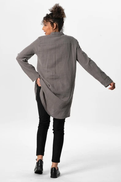 Uzun Katlanabilir Kol Sedanur Gömlek Yaka Yazlık Müslin Tunik Gri Gri M Gri - Resim 2