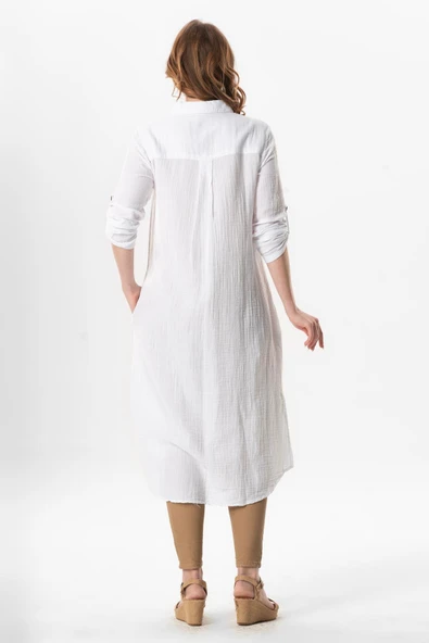 Uzun Kol Gömlek Yaka Hafsa Müslin Yazlık Tunik Beyaz Byz 4XL/5XL Beyaz - 2