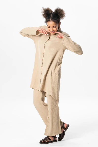 Uzun Katlanabilir Kol Sedanur Gömlek Yaka Yazlık Müslin Tunik Vizon Vzn XL Vizon - Resim 6