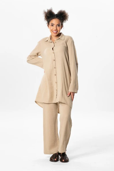 Uzun Katlanabilir Kol Sedanur Gömlek Yaka Yazlık Müslin Tunik Vizon Vzn M Vizon ürün görseli