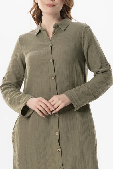 Uzun Kol Gömlek Yaka Hafsa Müslin Yazlık Tunik Haki Hk 4XL/5XL Haki - Resim 3