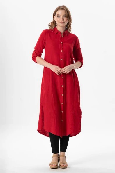 Uzun Kol Gömlek Yaka Hafsa Müslin Yazlık Tunik Kırmızı Krmz 2XL-3XL Kırmızı - Resim 6