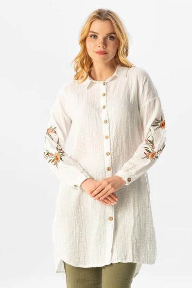 Uzun Kol Deste Gömlek Yaka Yazlık Müslin Tunik Beyaz Byz XL Beyaz ürün görseli