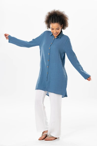 Büyük Beden Uzun Kol Sedanur Gömlek Yaka Yazlık Müslin Tunik İndigo indg 4XL İndigo - 4