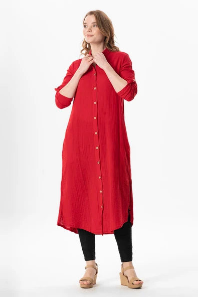 Uzun Kol Gömlek Yaka Hafsa Müslin Yazlık Tunik Kırmızı Krmz 4XL/5XL Kırmızı - 5