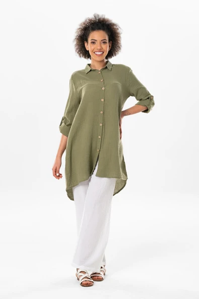 Uzun Katlanabilir Kol Sedanur Gömlek Yaka Yazlık Müslin Tunik Haki Hk S Haki ürün görseli
