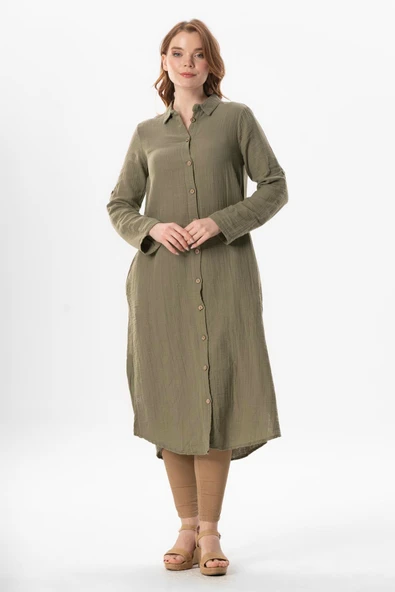 Uzun Kol Gömlek Yaka Hafsa Müslin Yazlık Tunik Haki Hk 2XL-3XL Haki - 1