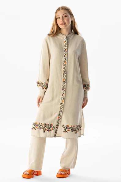 Uzun Kol Belma Keten Nakışlı Düğmeli Yazlık Otantik Tunik Krem Krm L Krem ürün görseli