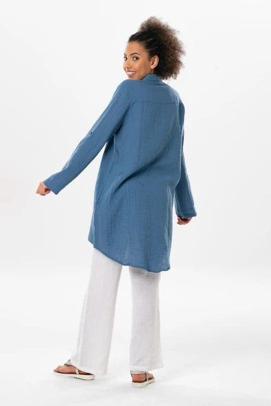 Uzun Katlanabilir Kol Sedanur Gömlek Yaka Yazlık Müslin Tunik İndigo indg XL İndigo - 2