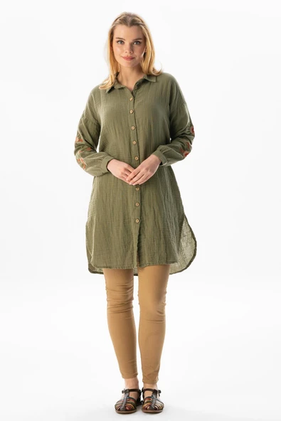 Uzun Kol Deste Gömlek Yaka Yazlık Müslin Tunik Haki Hk L Haki - 6