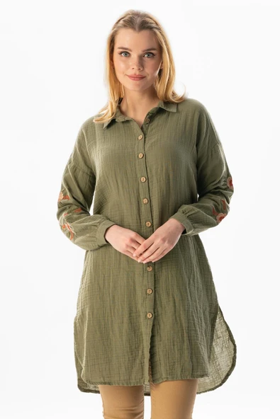 Uzun Kol Deste Gömlek Yaka Yazlık Müslin Tunik Haki Hk 2XL Haki