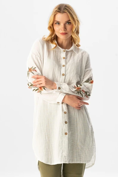 Uzun Kol Deste Gömlek Yaka Yazlık Müslin Tunik Beyaz Byz XL Beyaz - Resim 4