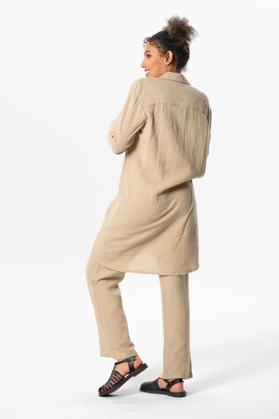 Uzun Katlanabilir Kol Sedanur Gömlek Yaka Yazlık Müslin Tunik Vizon Vzn XL Vizon - Resim 2