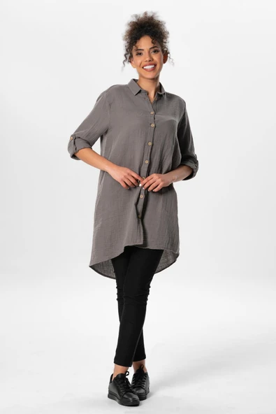 Uzun Katlanabilir Kol Sedanur Gömlek Yaka Yazlık Müslin Tunik Gri Gri XL Gri