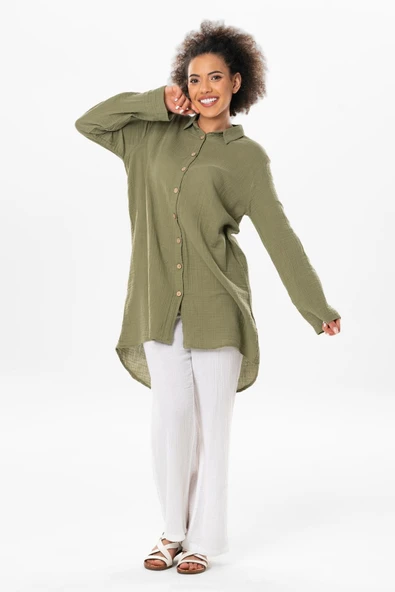 Uzun Katlanabilir Kol Sedanur Gömlek Yaka Yazlık Müslin Tunik Haki Hk L Haki - Resim 4