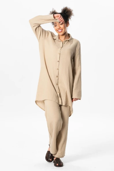 Büyük Beden Uzun Kol Sedanur Gömlek Yaka Yazlık Müslin Tunik Vizon Vzn 5XL Vizon - 4