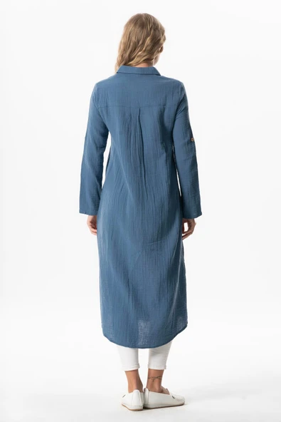 Uzun Kol Gömlek Yaka Hafsa Müslin Yazlık Tunik İndigo indg 2XL-3XL İndigo - Resim 2