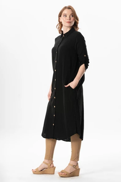 Uzun Kol Gömlek Yaka Hafsa Müslin Yazlık Tunik Siyah Syh L/XL Siyah - 4