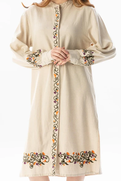 Uzun Kol Belma Keten Nakışlı Düğmeli Yazlık Otantik Tunik Krem Krm M Krem - Resim 3