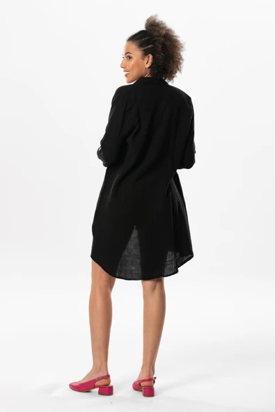 Uzun Katlanabilir Kol Sedanur Gömlek Yaka Yazlık Müslin Tunik Siyah Syh 3XL Siyah - Resim 2