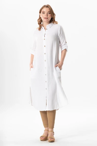 Uzun Kol Gömlek Yaka Hafsa Müslin Yazlık Tunik Beyaz Byz L/XL Beyaz