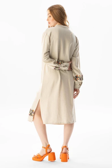 Uzun Kol Belma Keten Nakışlı Düğmeli Yazlık Otantik Tunik Krem Krm S Krem - Resim 2