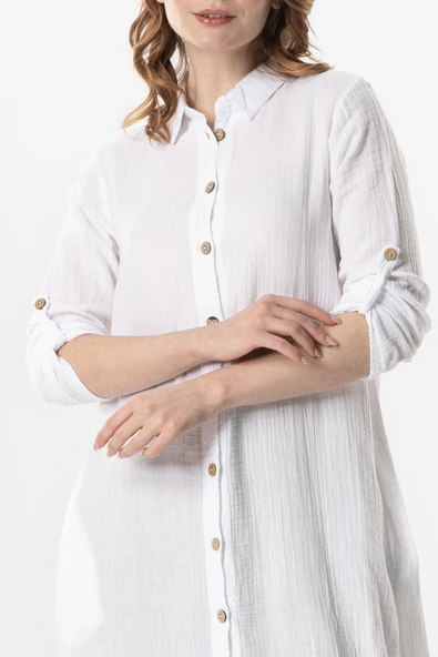 Uzun Kol Gömlek Yaka Hafsa Müslin Yazlık Tunik Beyaz Byz S/M Beyaz - 3