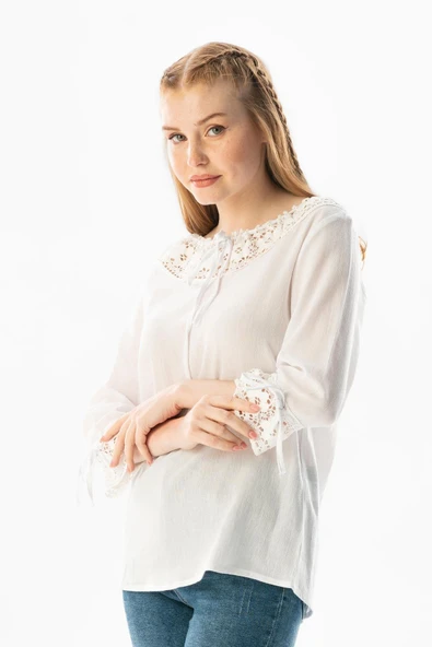 Zehra Şile Bezi Yazlık Bluz Beyaz Byz XL Beyaz - Resim 4