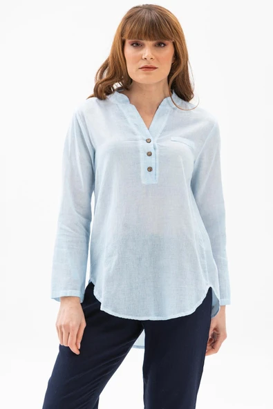 Uzun Kol Şile Bezi Akasya Yazlık Bluz Buz Mavi Bmv 2XL Buz Mavi - Resim 4