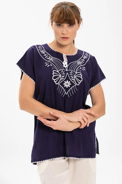 Kısa Kol Şile Bezi Naz Yazlık Bluz Mor Mor XL Mor - Resim 3