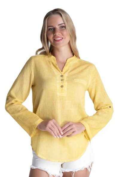 Uzun Kol Şile Bezi Akasya Yazlık Bluz Sarı Sarı 3XL Sarı - Resim 9