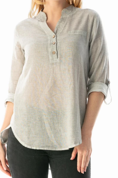 Uzun Kol Şile Bezi Akasya Yazlık Bluz Gri Gri M Taş - Resim 3