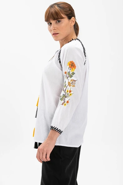 Uzun Kol Şile Bezi Nigar Yazlık Bluz Beyaz Byz M Beyaz - Resim 3