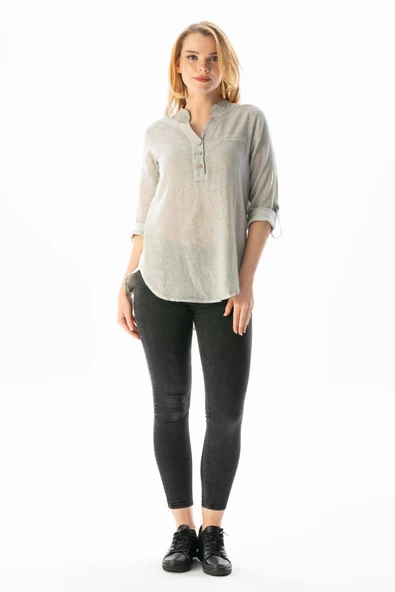 Uzun Kol Şile Bezi Akasya Yazlık Bluz Gri Gri 3XL Taş - Resim 7